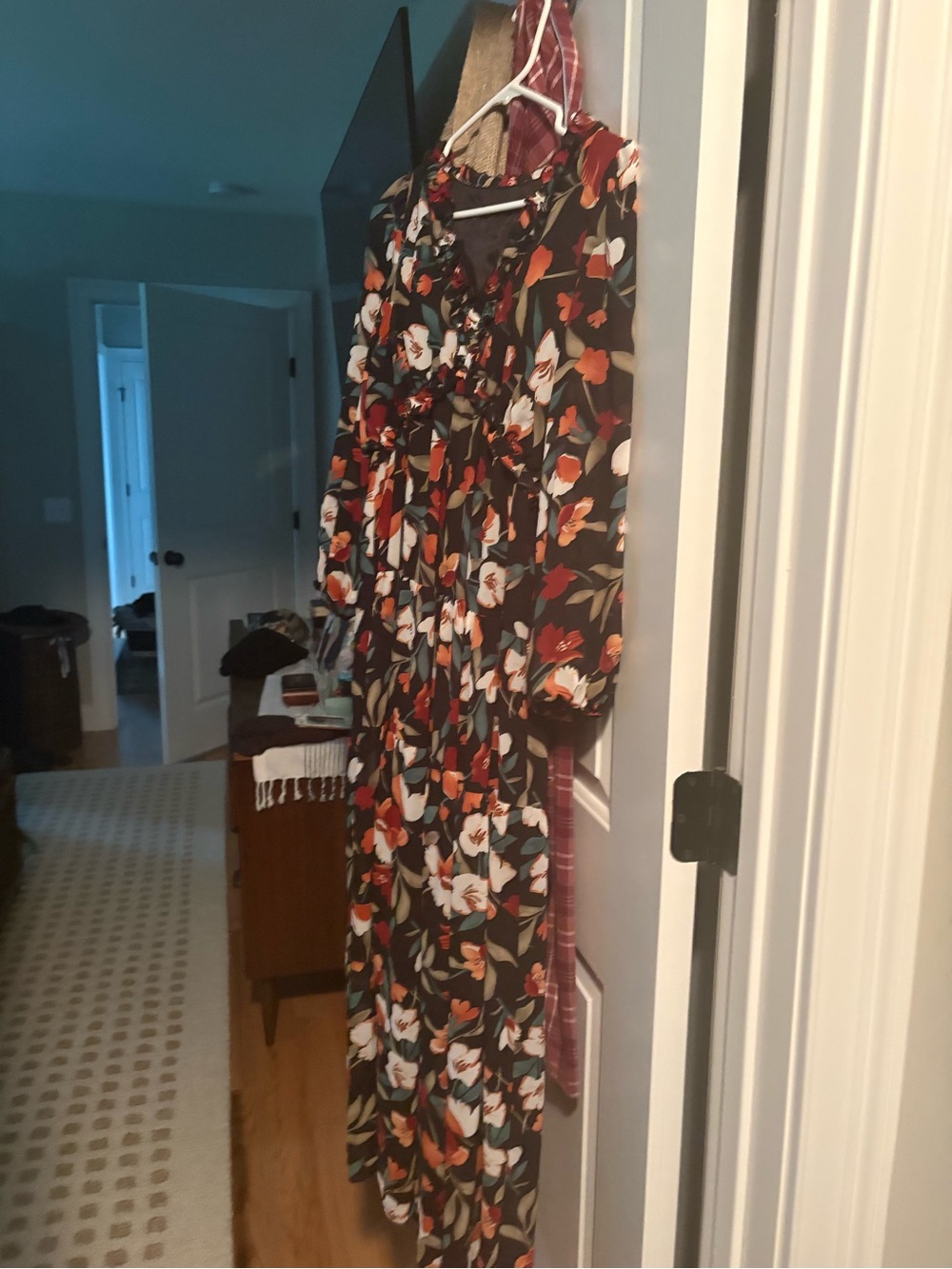 Floral Long Sleeve Maxi Dress - Black with Orange & White Floral